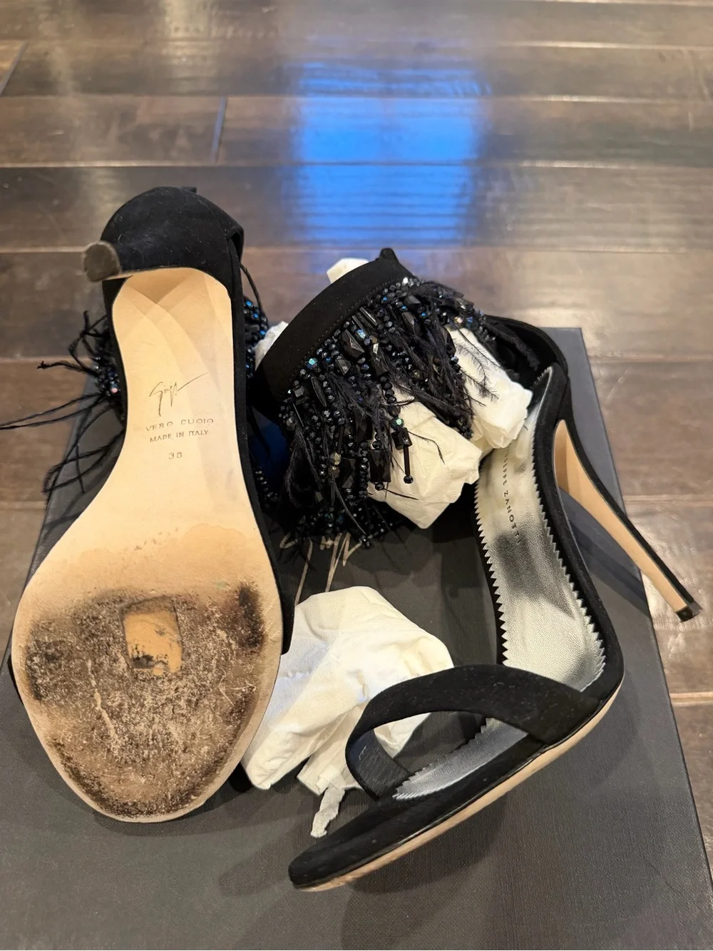 Giuseppe Zanotti Black Beaded Fringe Ankle-Strap Heels